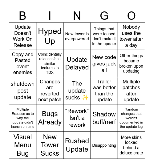 Tower Defense Simulator Update Bingo Card