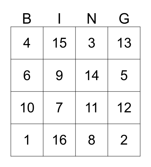Number Bingo Card