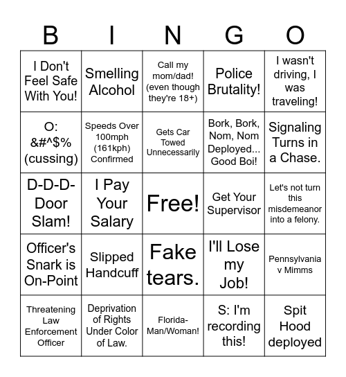 Bigen's Police Cam Videos Bingo Card