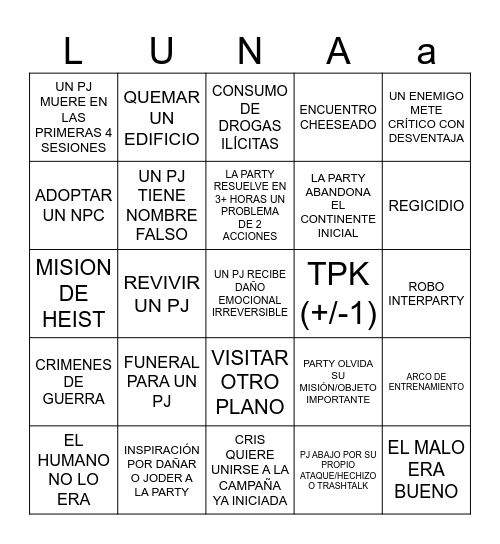 Bienvenidos a valada de la Luna Bingo Card