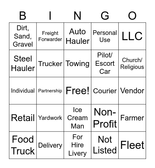 Business/Org Type Bingo Card