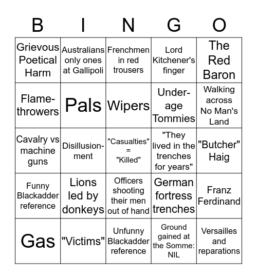 Great War Bingo Card