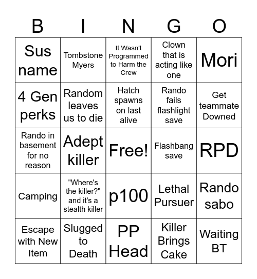 DBD Survivor Bingo 2024 Bingo Card