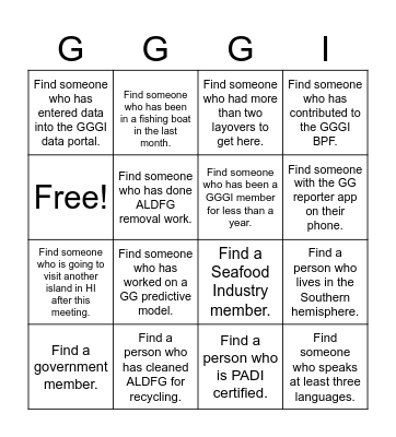 GGGI Annual Meeting Scavenger Hunt Bingo Card