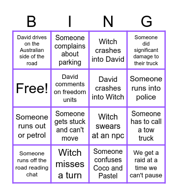 Witch & David do trucks Bingo Card