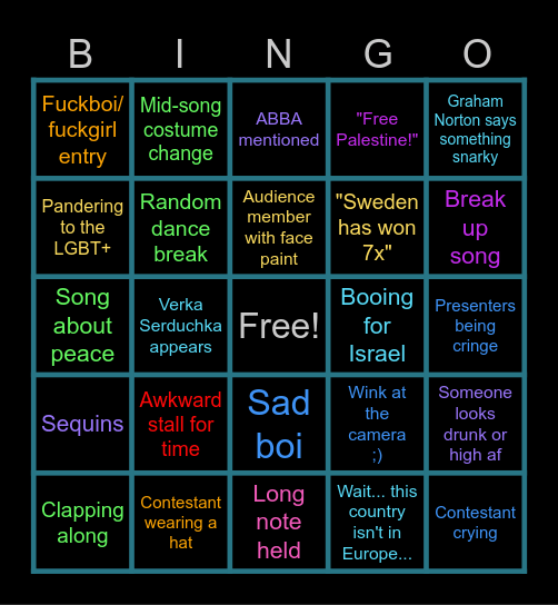 Eurovision 2024 Bingo Card