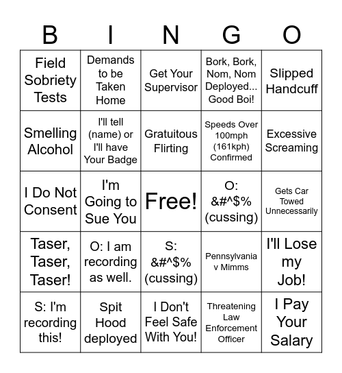 Bigen's Police Cam Videos Bingo Card