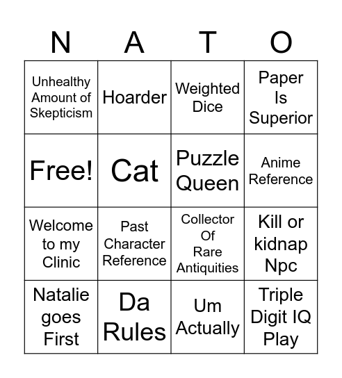 D&D Player Bingo Card