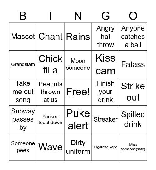 Yankees Bingo Card