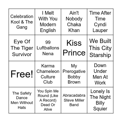80s Music Bingo Card