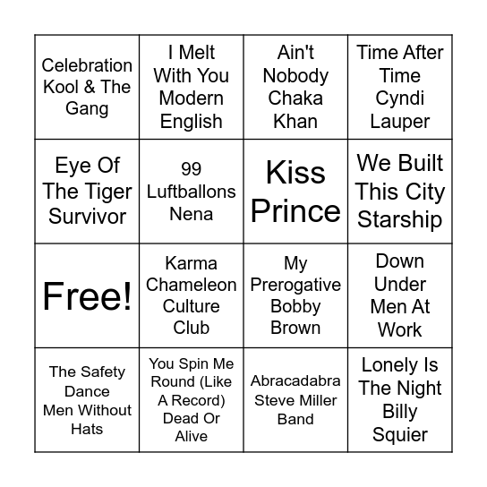 80s Music Bingo Card