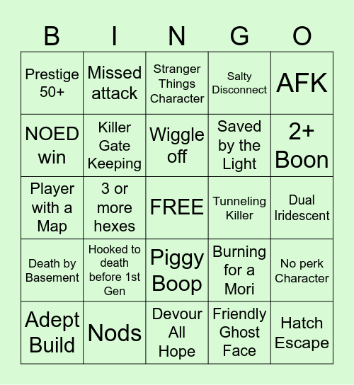 Dead By Daylight Bingo Card