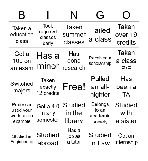 Scholarship Bingo Card