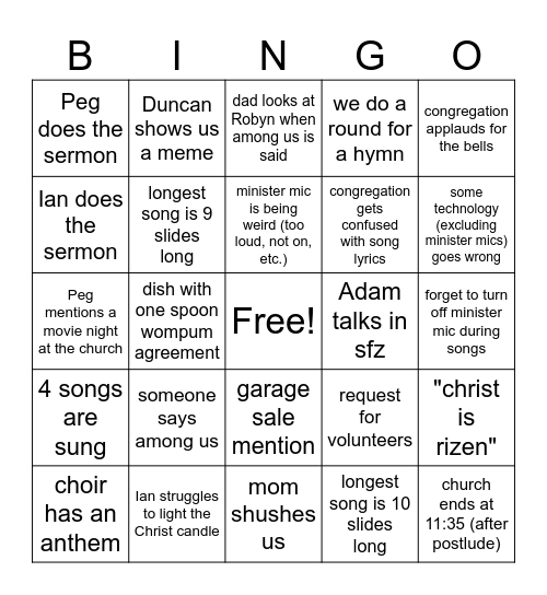 Church bingo Card