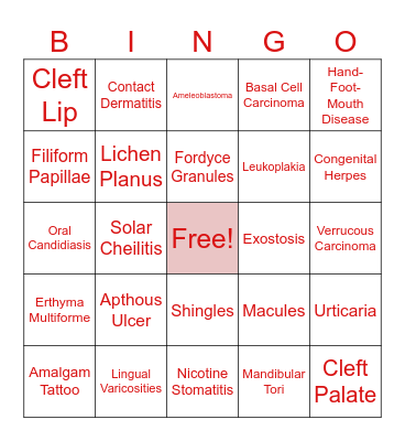 Oral Pathology Bingo Card