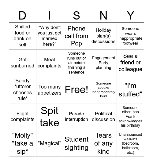 Disney Bingo Card