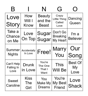 Love Song Bingo Card