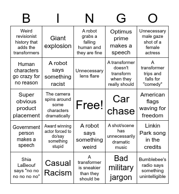 Transformers Movie Bingo Card