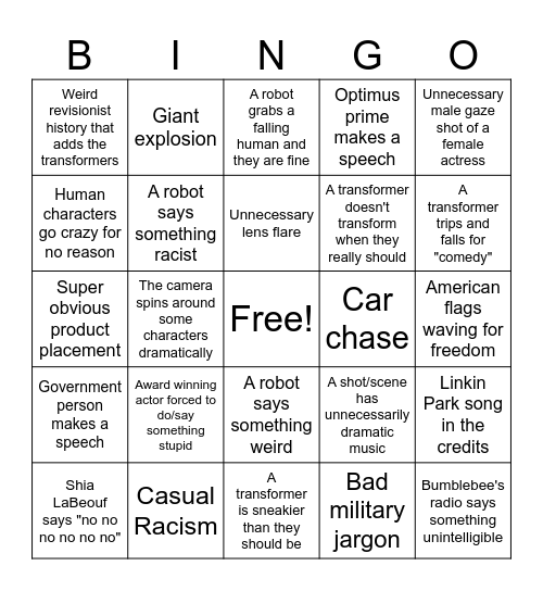 Transformers Movie Bingo Card