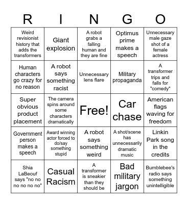 Transformers Movie Bingo Card