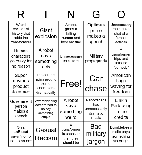 Transformers Movie Bingo Card