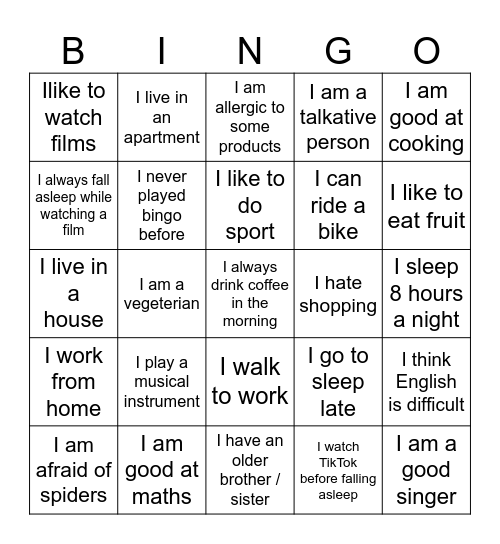 Getting to know each other Bingo Card