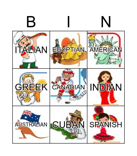 NATIONALITIES Bingo Card