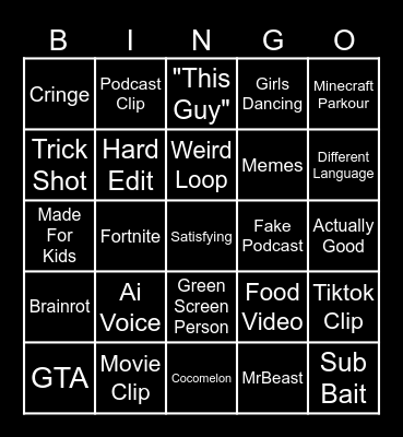 Youtube Shorts Bingo Card