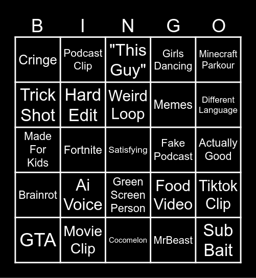 Youtube Shorts Bingo Card