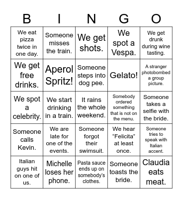 Claudia’s bachelorette Bingo Card