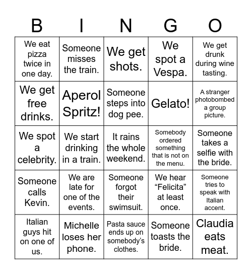 Claudia’s bachelorette Bingo Card