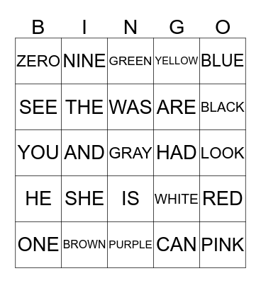 Sight Words Bingo Card