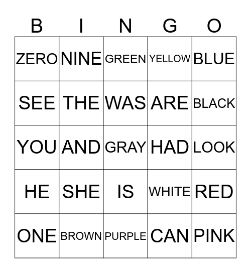 Sight Words Bingo Card