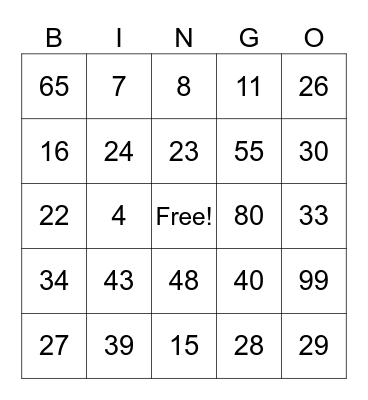 Addition and Subtraction up to 100 Bingo Card