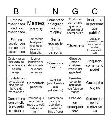 Bingo de comentarios Bingo Card