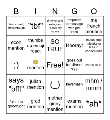 ginny bingo (bingy?) Bingo Card