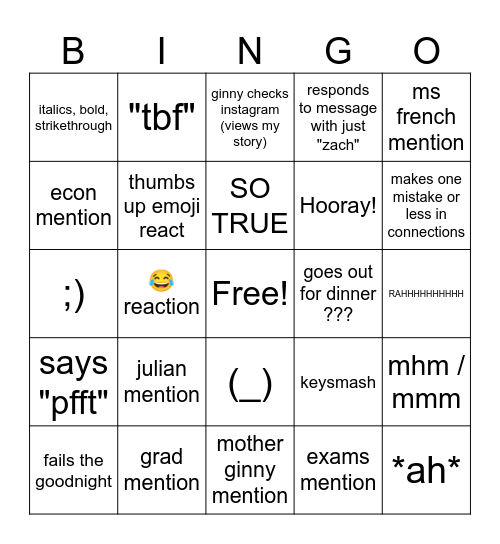 ginny bingo (bingy?) Bingo Card