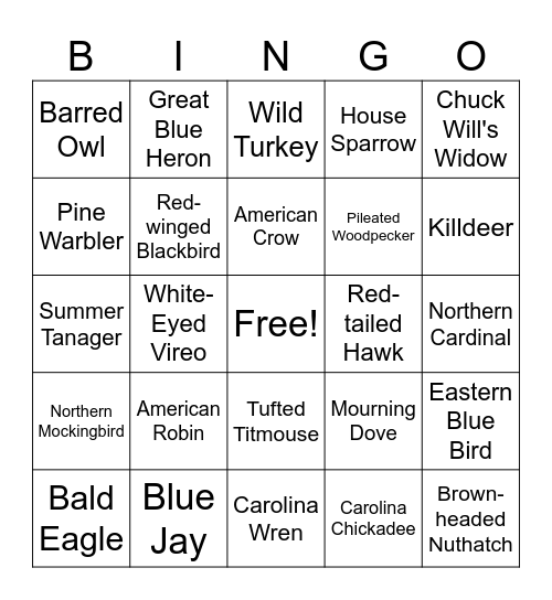 Bird Call Bingo Card