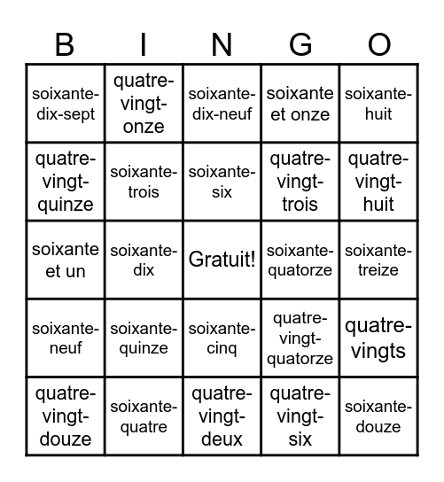 Les noms de numéros 60-100 Bingo Card