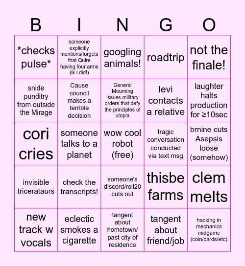 Palisade Finale Bingo Card