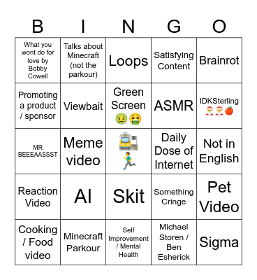 YT shorts Bingo Card