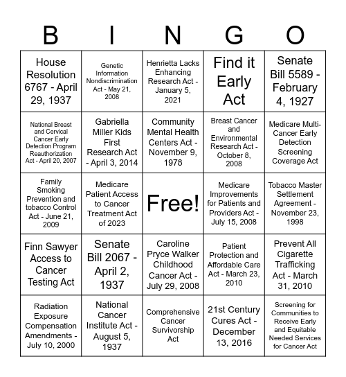 Relay for Life Advocacy Bingo Card
