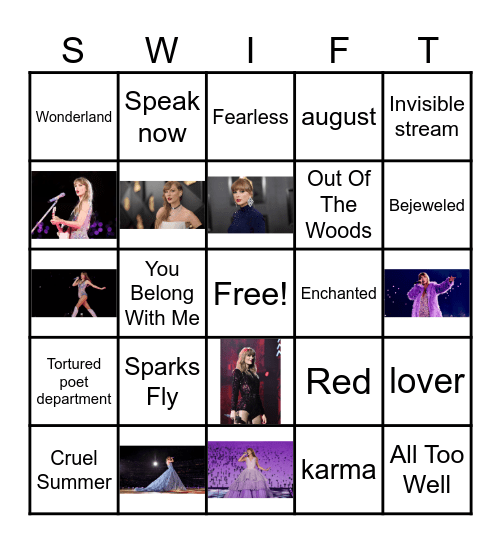 Taylor Swift Bingo Card