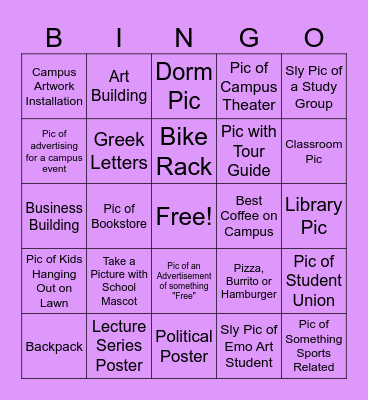 College Visit Picture Adventure Bingo Card