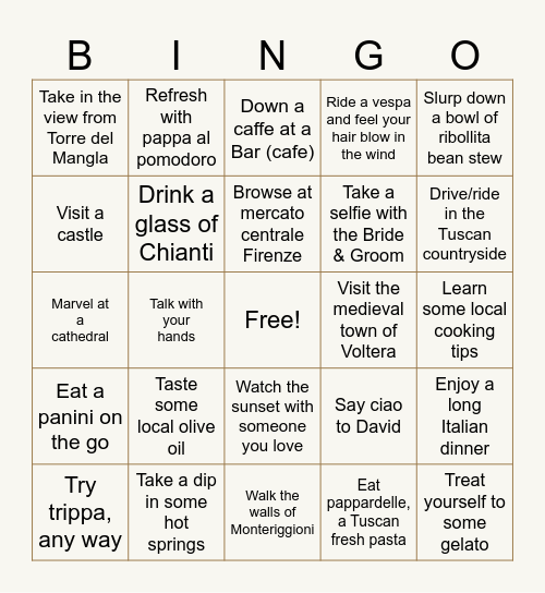 Tuscany Bingo Card