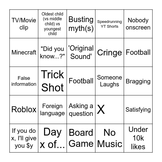 YT Shorts Bingo Card