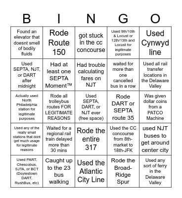 Delaware Valley Transit Bingo Card