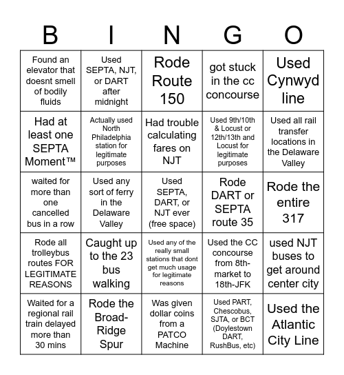 Delaware Valley Transit Bingo Card