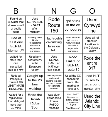 Delaware Valley Transit Bingo Card