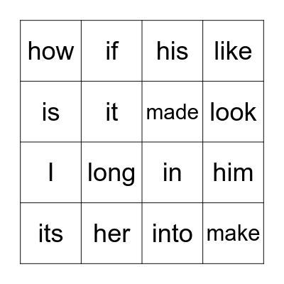 Sight Words Bingo Card